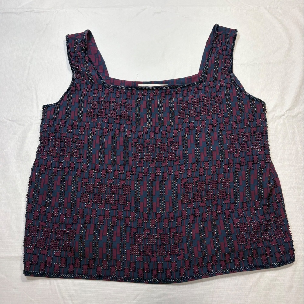 Doncaster Silk Beaded Tank Top Burgundy Navy Blue Geometric Square Neck Blouse